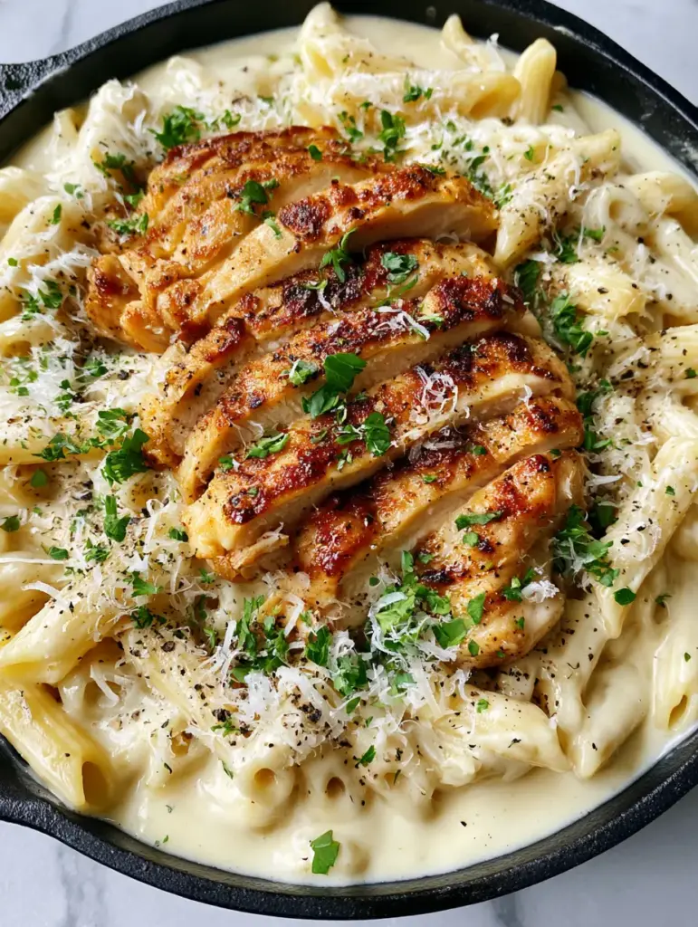 Garlic Parmesan Chicken Penne in a Rustic Cast Iron Skillet 2 Close up shot of creamy Garlic Parmesan chicken penne with succulent chicken slices and parmesan wisps.