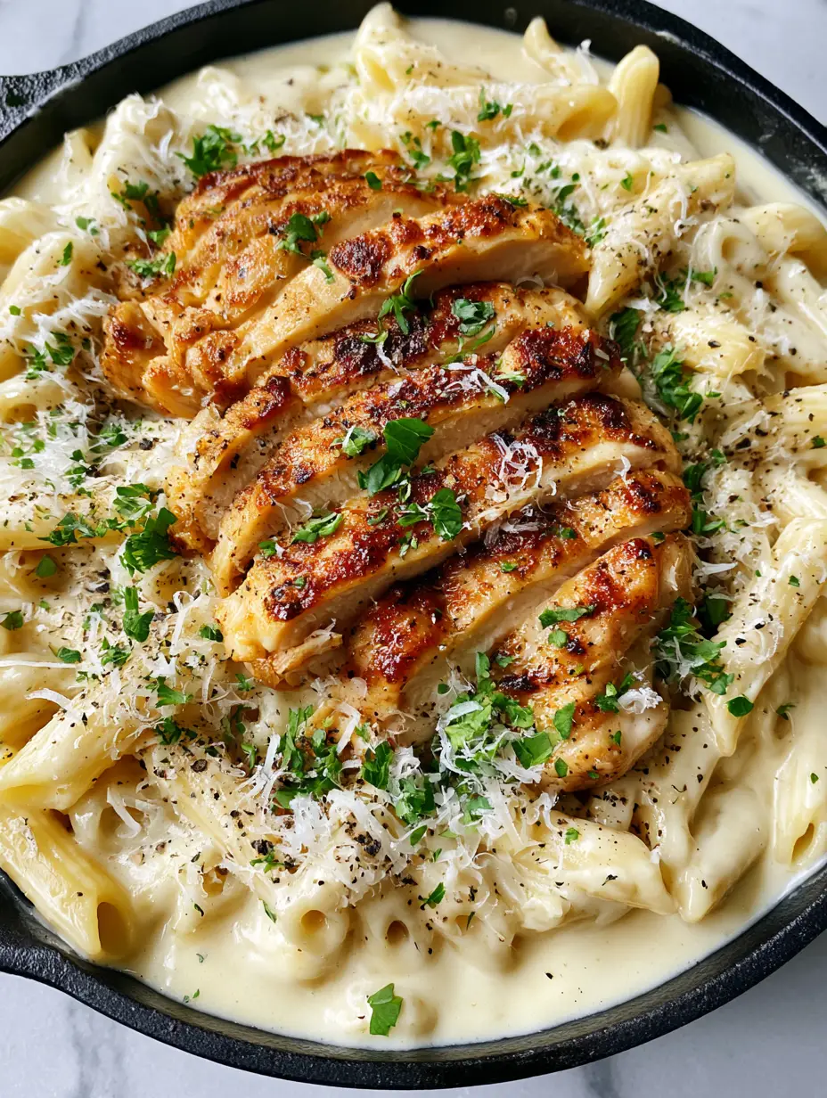 Garlic Parmesan Chicken Penne in a Rustic Cast Iron Skillet 3 Close up shot of creamy Garlic Parmesan chicken penne with succulent chicken slices and parmesan wisps.