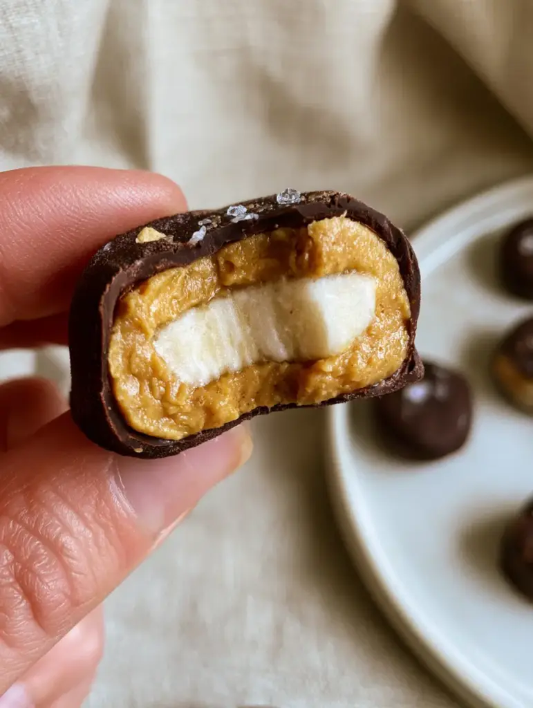 Close up of banana bites with a matte frost finish and flaky sea salt garnish.