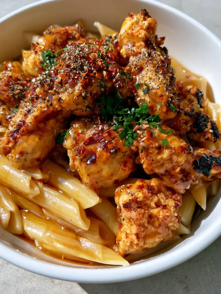 Shimmering translucent amber glaze over penne pasta with fresh parsley. (honey pepper chicken pasta)