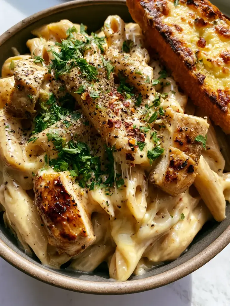 3 Cheese Chicken Penne Pasta with Toasted Sourdough Garlic Bread 1 Close up of seared chicken breast chunks with charred edges in a 3 Cheese Chicken Penne Pasta.