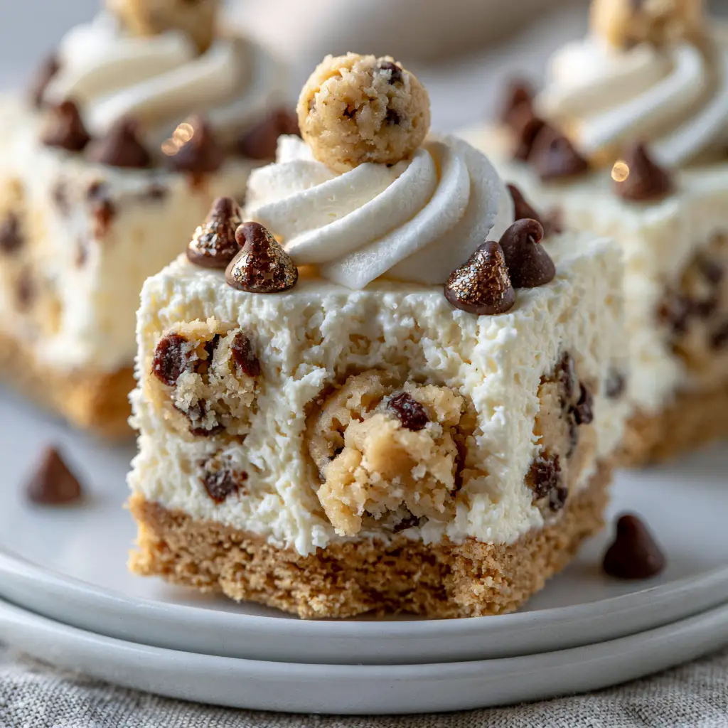 Chocolate Chip Cookie Dough Cheesecakes: The Ultimate Mini Square Bites 1 Eye-level view of stacked chocolate chip cookie dough cheesecakes with glistening mini chocolate chips.