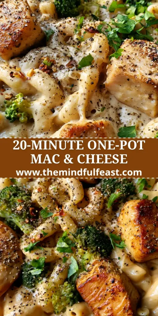 A rustic matte-black skillet filled with creamy mac and cheddar cheese with chicken and broccoli, garnished with parsley and red pepper flakes.