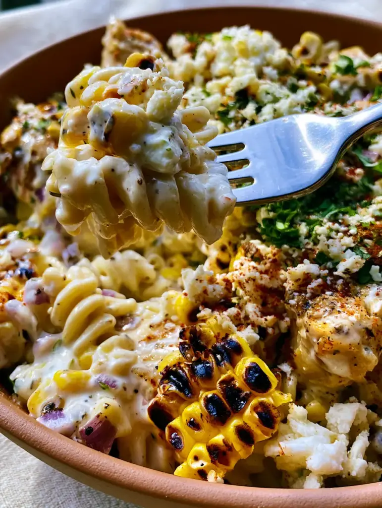 Mexican Street Corn Chicken Pasta Salad with Zesty Lime Crema 1 Overhead view of Mexican Street Corn Chicken Pasta Salad showing seared chicken and fire-charred corn.