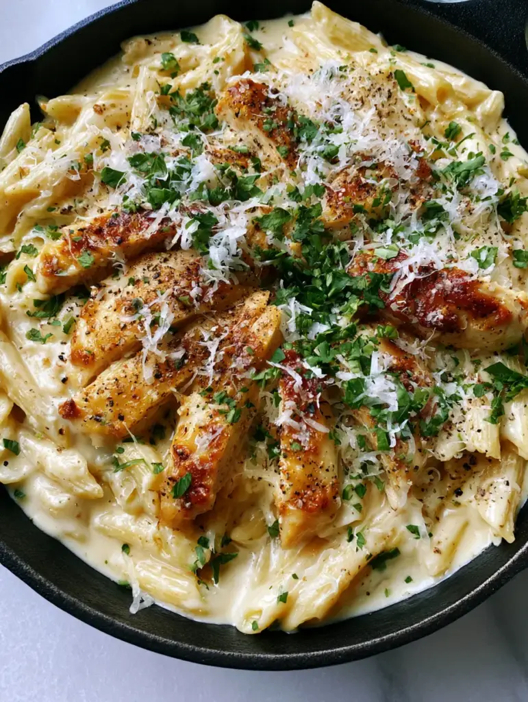 Garlic Parmesan Chicken Penne in a Rustic Cast Iron Skillet 1 Rustic presentation of Garlic Parmesan chicken penne in a black skillet on a stone surface.