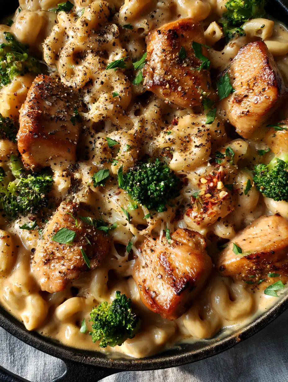 Extreme close-up of mac and cheddar cheese with chicken and broccoli showing glossy sauce ripples and emerald broccoli.