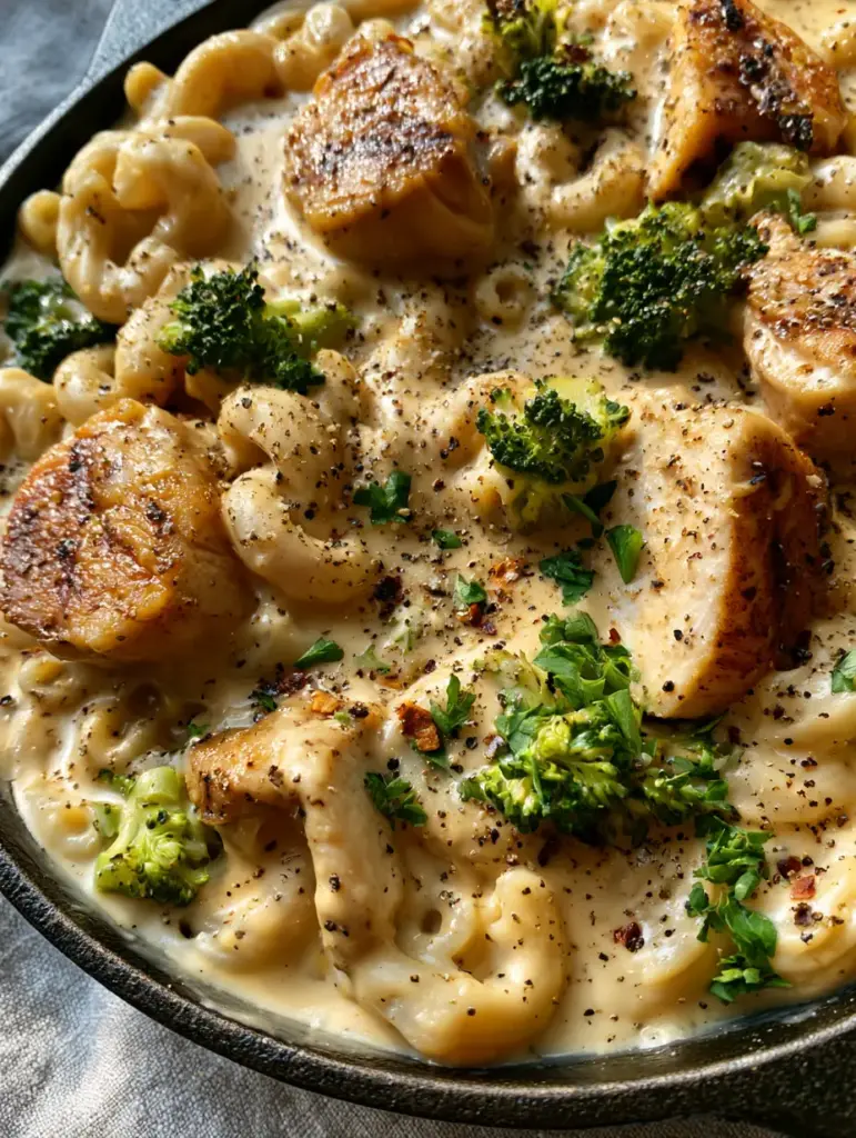Top-down view of chicken and broccoli mac and cheese in a cast iron skillet with golden chicken chunks.