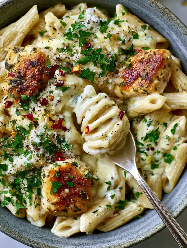 Chicken Pasta with Golden Seared Chicken and Creamy Garlic Sauce 2 Top-down macro shot of Chicken Pasta showing the thick ivory sauce and seared chicken chunks.