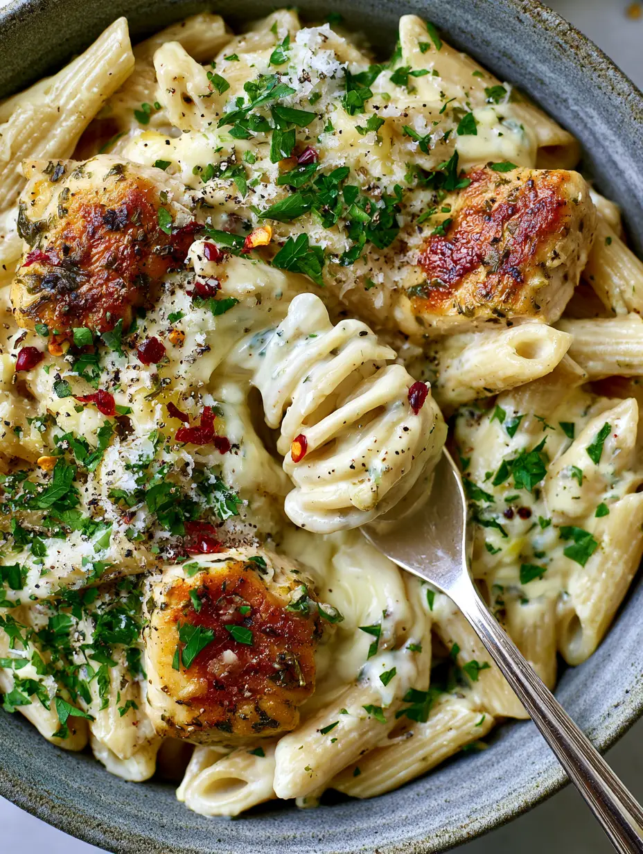 Chicken Pasta with Golden Seared Chicken and Creamy Garlic Sauce 3 Top-down macro shot of Chicken Pasta showing the thick ivory sauce and seared chicken chunks.