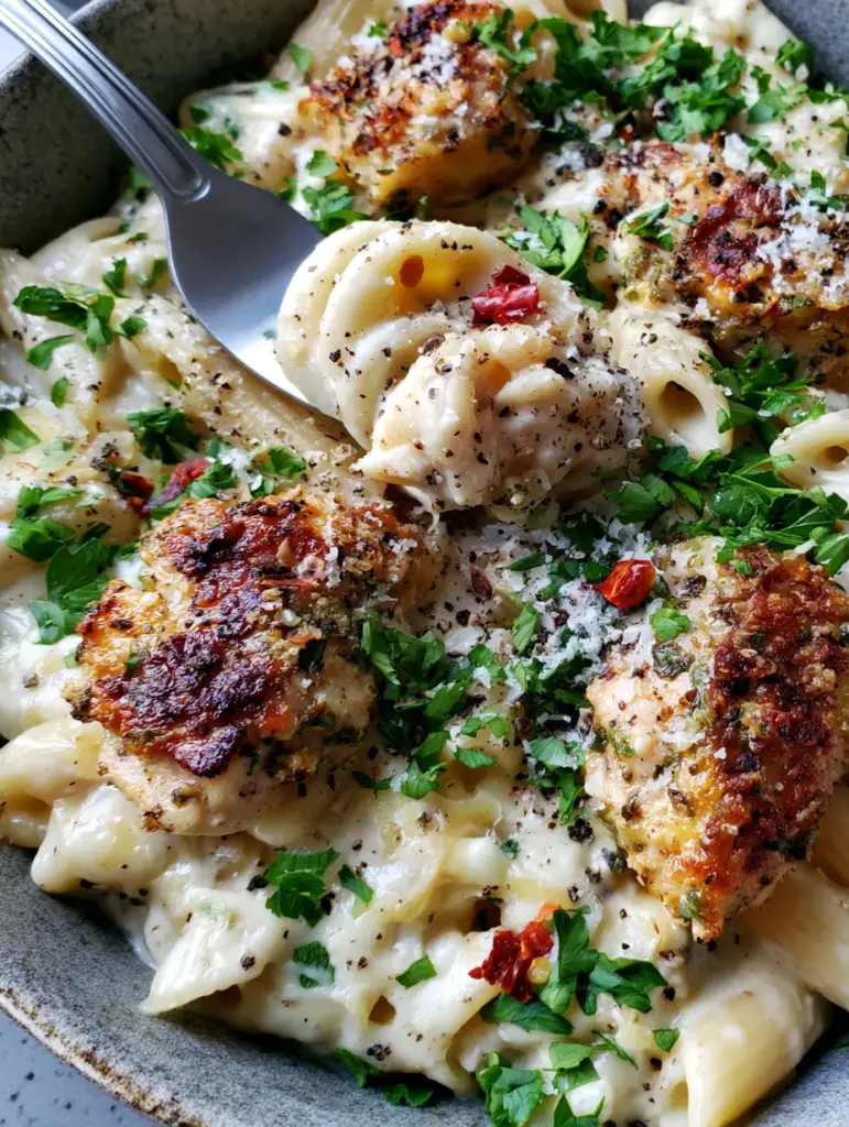 Chicken Pasta with Golden Seared Chicken and Creamy Garlic Sauce 1 A silver fork lifting a swirl of penne from a grey bowl of Chicken Pasta with visible cheese stretch.