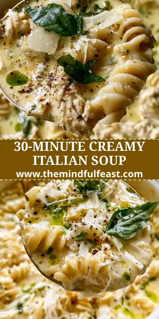 Italian Chicken Pasta Soup: The Secret to a Velvety Golden Broth Without Heavy Cream 4 A top-down view of Italian chicken pasta soup in a white Dutch oven with rotini pasta, shredded chicken, and fresh basil flakes.