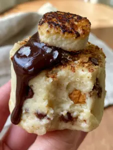 A handheld close-up showing a bite mark in a thick, creamy No Bake S’mores Cookie Dough Bite with a dripping chocolate drizzle.
