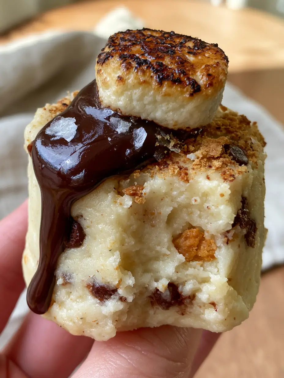 A handheld close-up showing a bite mark in a thick, creamy No Bake S’mores Cookie Dough Bite with a dripping chocolate drizzle.