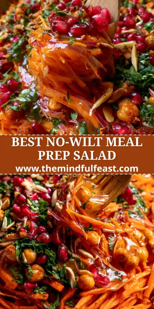 A top-down view of a Moroccan carrot and chickpea salad in a rustic bowl with pomegranate seeds and almonds.