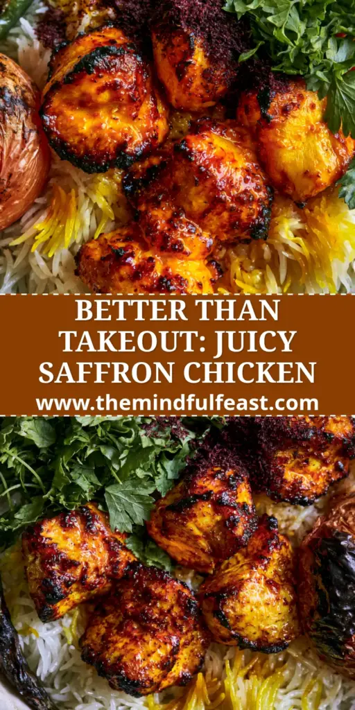 Persian Saffron Chicken: The Ultimate Guide to Authentic Joojeh Kabab 4 Overhead shot of Persian Saffron Chicken chunks on a bed of basmati rice with a grilled tomato and green chili. (Persian Saffron Chicken)