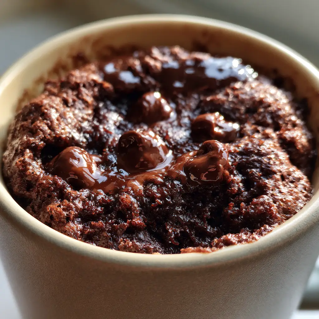 Microwave Brownie: The Ultimate 2-Minute Fudgy Chocolate Mug Cake 2 Macro shot of a molten center microwave brownie showing melted chocolate chips.