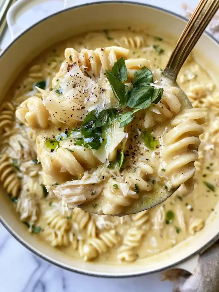 Italian Chicken Pasta Soup: The Secret to a Velvety Golden Broth Without Heavy Cream 2 A handheld photo of a ladle lifting a scoop of thick Italian chicken pasta soup showing rotini and shaved parmesan.