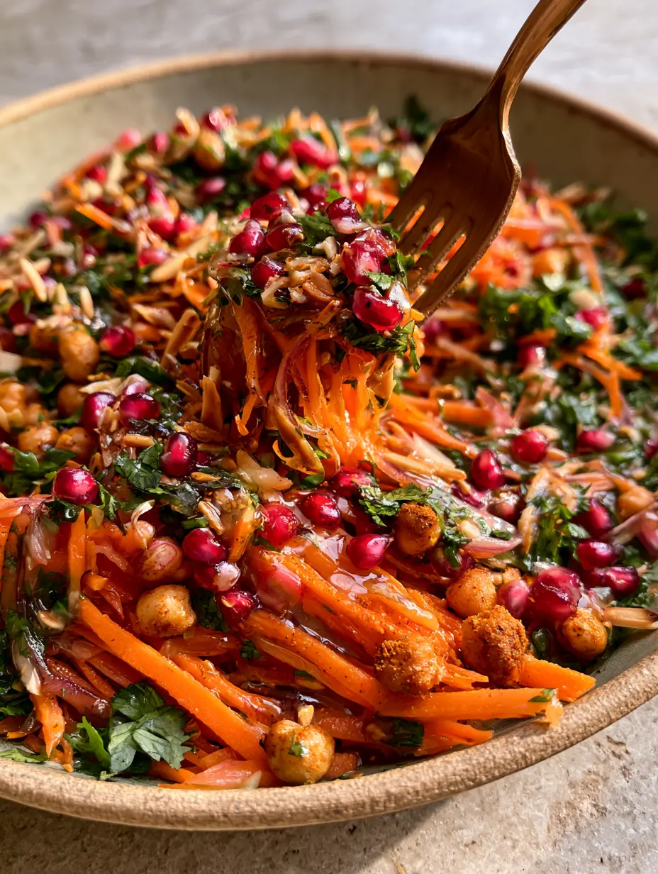 A close-up handheld photo of a moroccan carrot and chickpea salad featuring glossy dressing and julienned carrots.