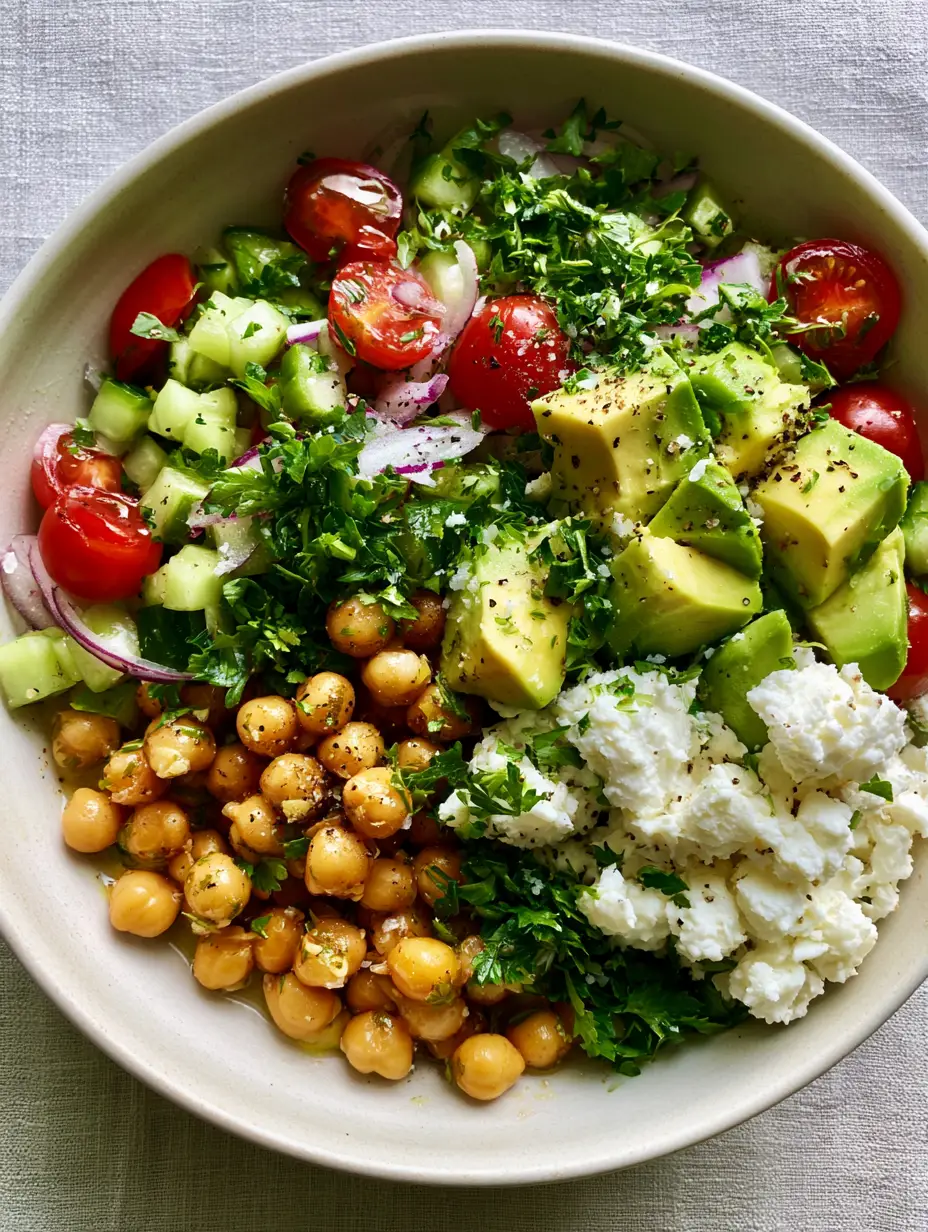 Chickpea Feta Avocado Salad with Lemon-Herb Vinaigrette 3 A top-down smartphone photo of a chickpea feta avocado salad in a matte ceramic bowl, highlighting the lime-green avocado and golden chickpeas.