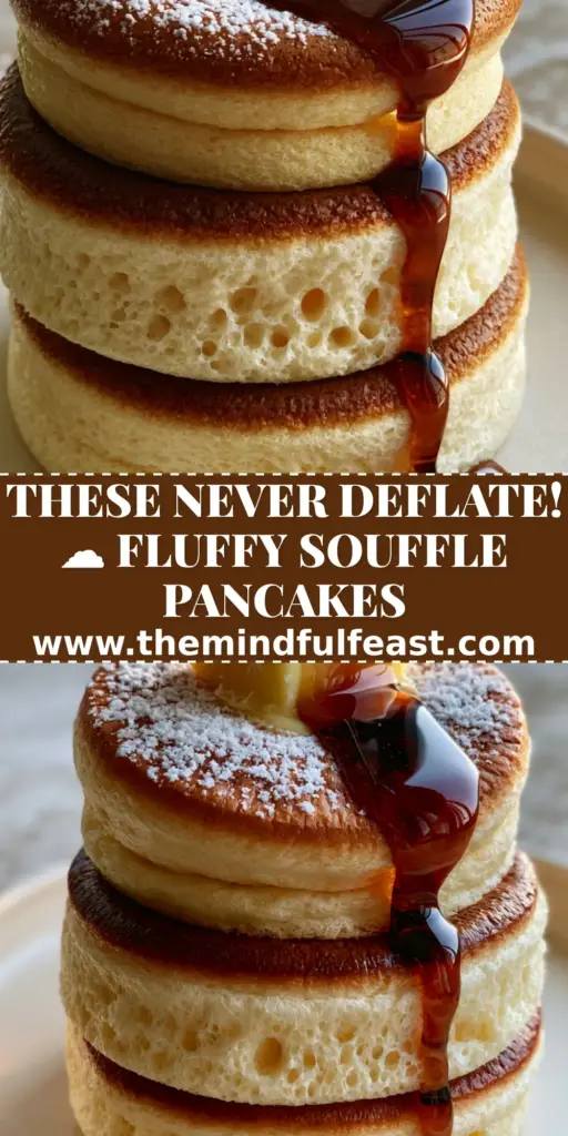 A vertical stack of three 3-inch tall souffle pancakes with golden tops, a melting butter cube, and thick maple syrup on a matte plate. (souffle pancakes)