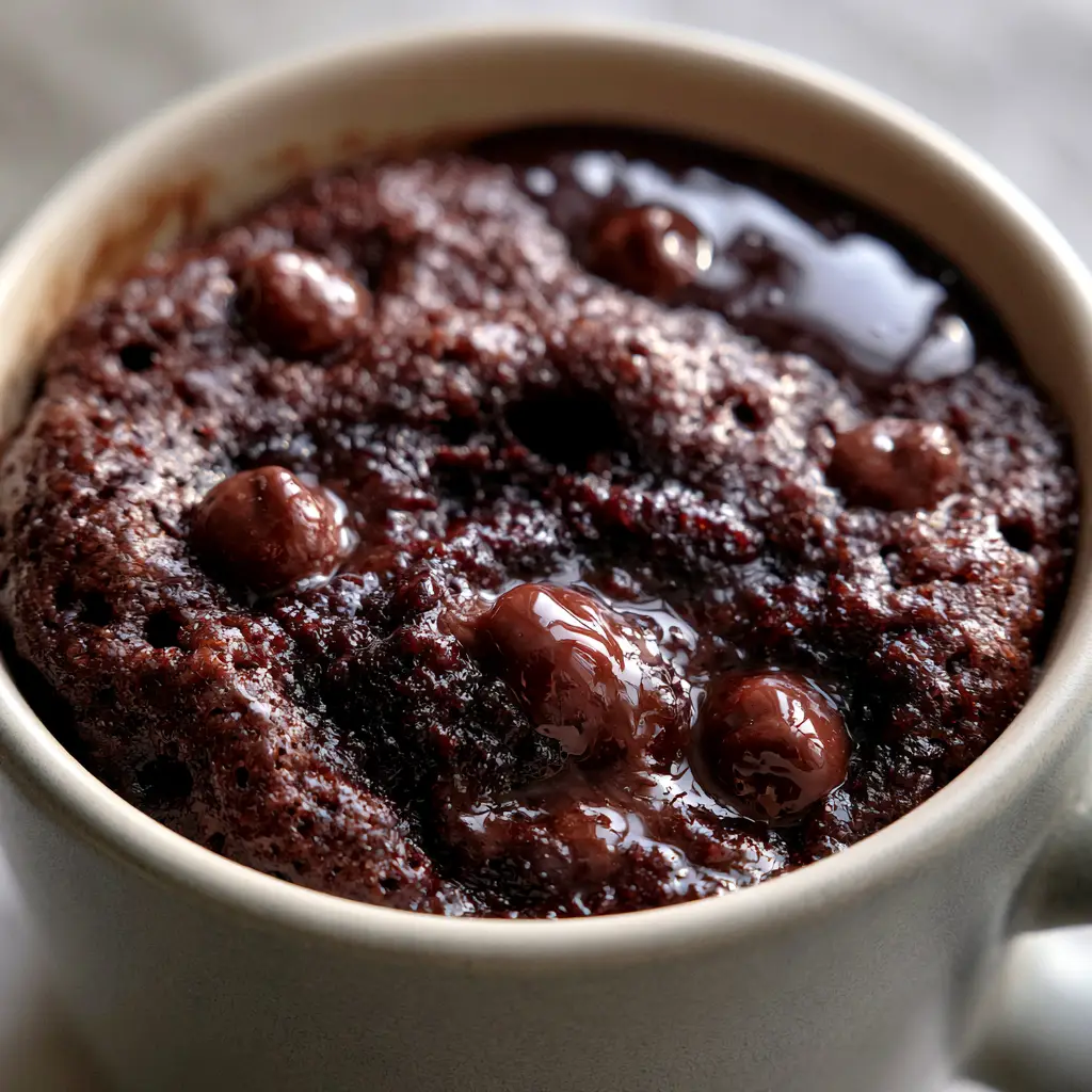 Microwave Brownie: The Ultimate 2-Minute Fudgy Chocolate Mug Cake 1 Side view of a chocolate glaze glistening on top of a brownie in a matte ceramic mug.