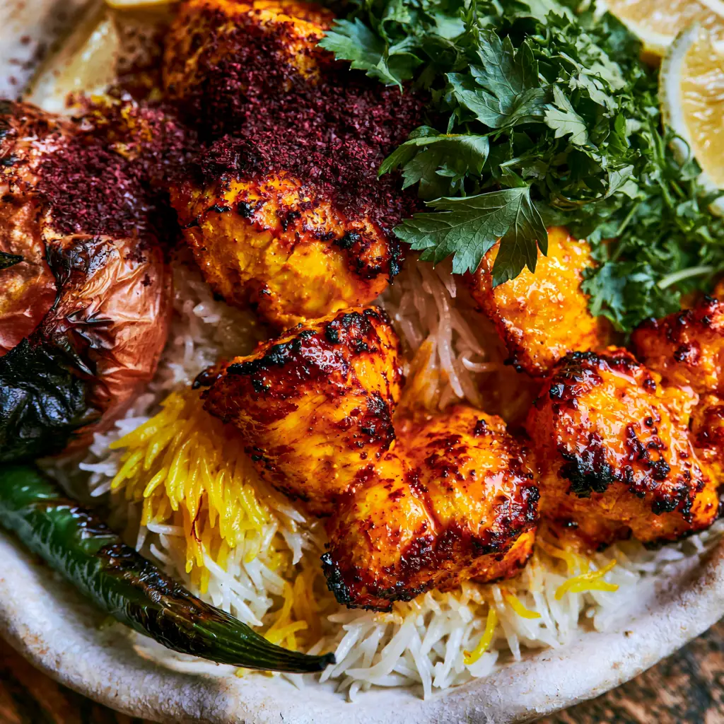 Persian Saffron Chicken: The Ultimate Guide to Authentic Joojeh Kabab 2 Close-up of charred saffron chicken chunks with glistening orange marinade and charred edges. (Persian Saffron Chicken)