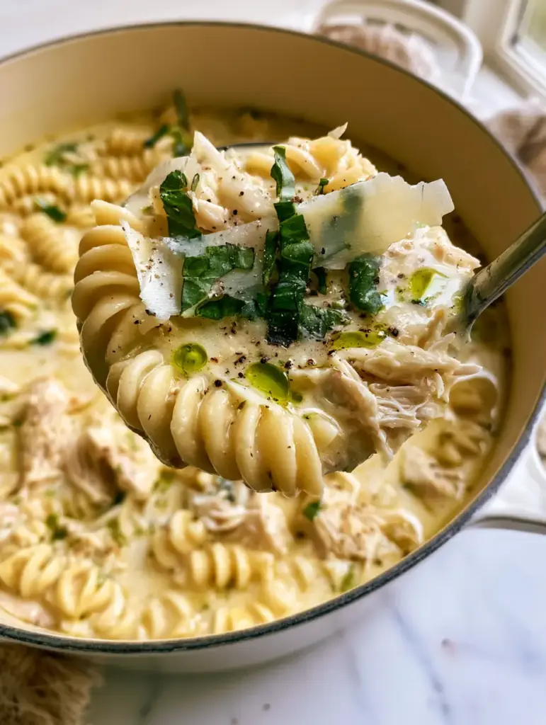 Italian Chicken Pasta Soup: The Secret to a Velvety Golden Broth Without Heavy Cream 1 Close-up of golden-hued chicken soup with green herb oil droplets and fresh torn basil.