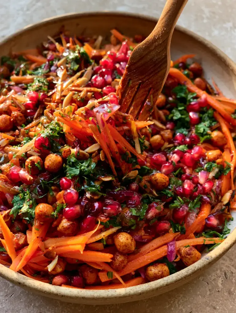 A wooden fork lifting a portion of moroccan carrot and chickpea salad from a ceramic bowl.