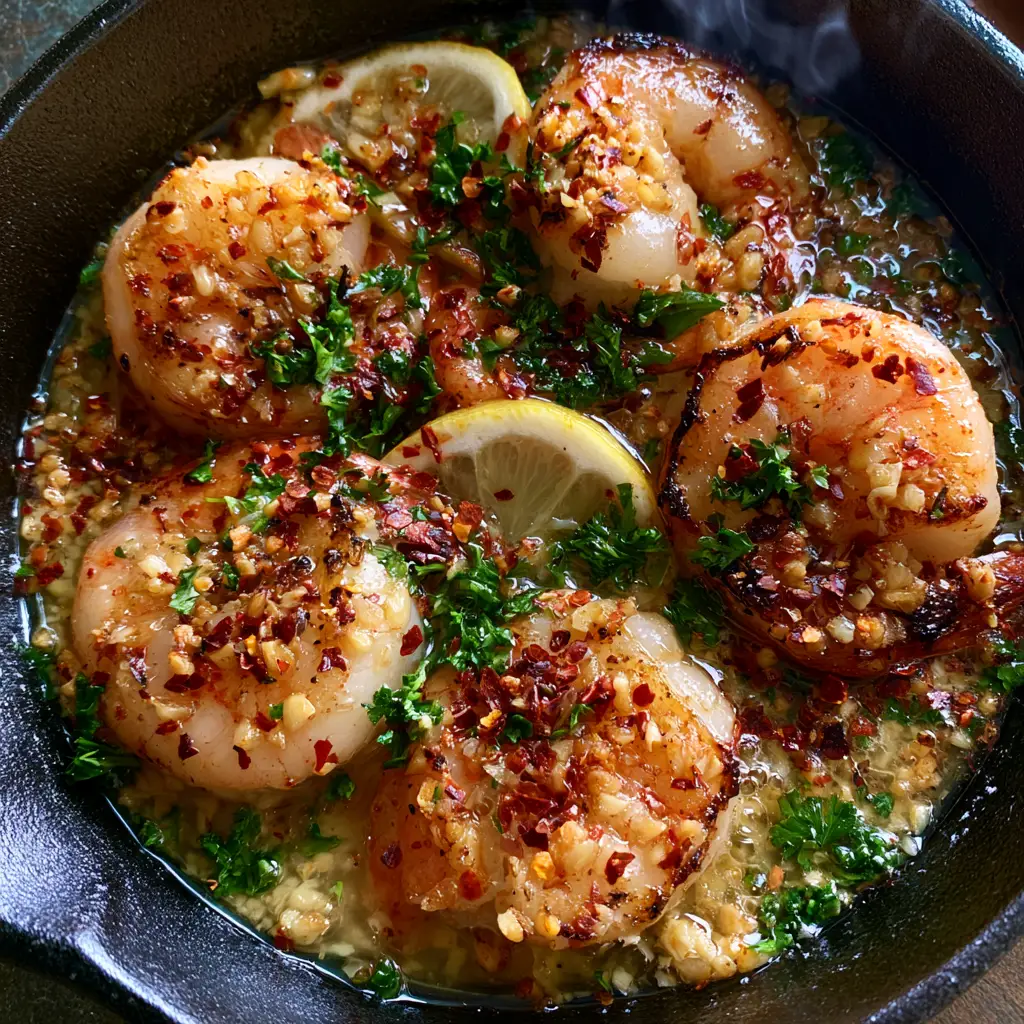 Easy Seafood Recipes: The Ultimate Garlic Butter Seared Shrimp 1 Top-down flat lay of shrimp garnished with parsley, chili flakes, and lemon semi-circles in a cast iron skillet.