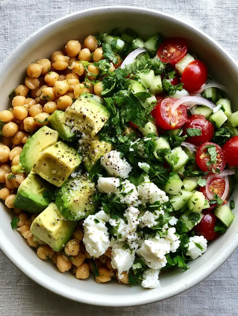 Chickpea Feta Avocado Salad with Lemon-Herb Vinaigrette 1 Close-up of the lemon-herb vinaigrette glistening on plump chickpeas and creamy feta chunks in the chickpea feta avocado salad.