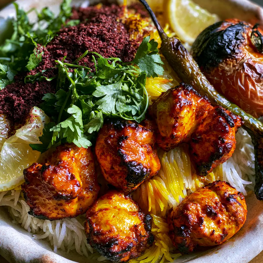 Persian Saffron Chicken: The Ultimate Guide to Authentic Joojeh Kabab 1 Persian Saffron Chicken served on extra-long grain basmati rice with bright yellow saffron streaks and sumac powder.