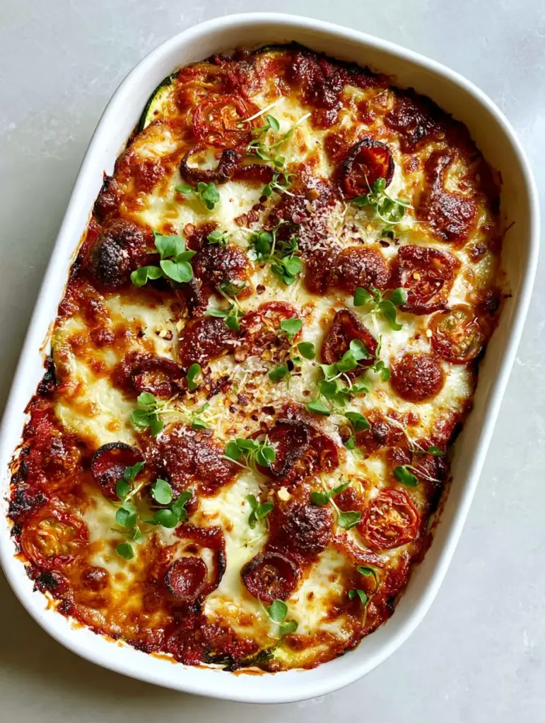 Zucchini Pizza Casserole: The Ultimate Crispy, Low-Carb Italian Bake 1 Close up of blistered cheese, crispy curled pepperoni, and micro-basil garnish on a Zucchini Pizza Casserole.