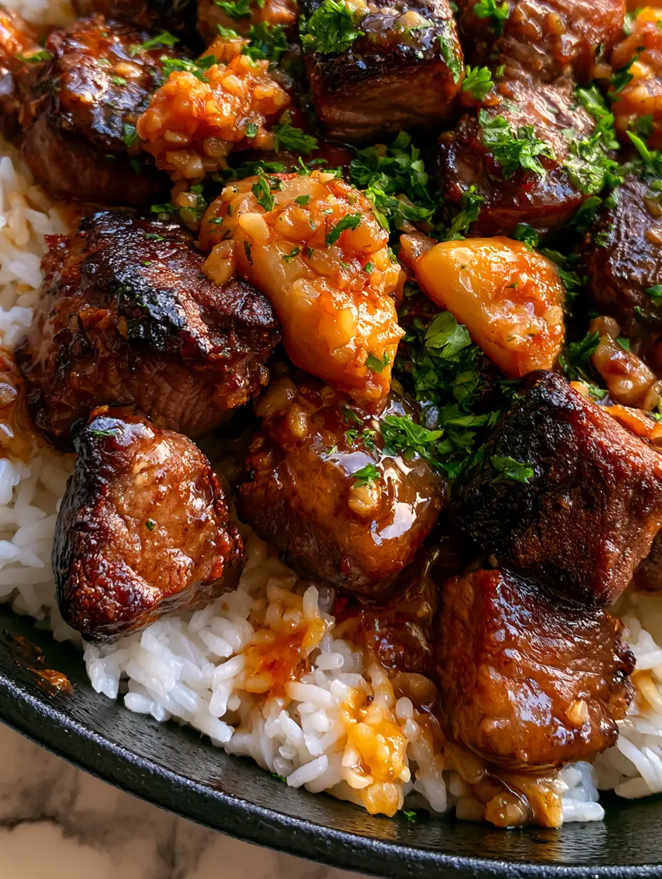 Extreme close-up of caramelized steak bites with a glistening honey garlic glaze and golden garlic chunks. (Honey Garlic Butter Steak and Rice Skillet)