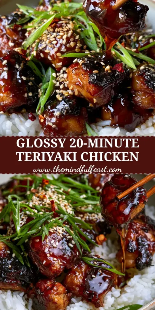 Teriyaki Chicken with Thick Mahogany Glaze and Fluffy Jasmine Rice 4 A close-up of glossy mahogany teriyaki chicken with sesame seeds and scallions over jasmine rice. (teriyaki chicken)