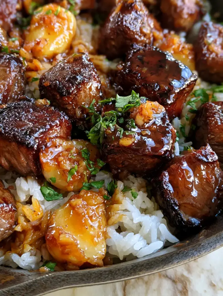 Steamed jasmine rice stained with amber honey garlic sauce next to seared beef cubes. (Honey Garlic Butter Steak and Rice Skillet)