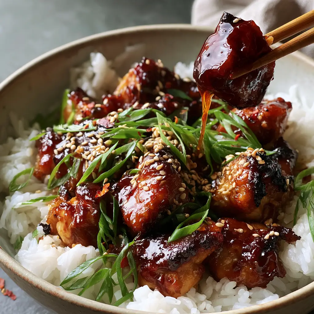Teriyaki Chicken with Thick Mahogany Glaze and Fluffy Jasmine Rice 2 A top-down view of a ceramic bowl featuring seared chicken thighs in a thick teriyaki glaze on a bed of jasmine rice. (teriyaki chicken)