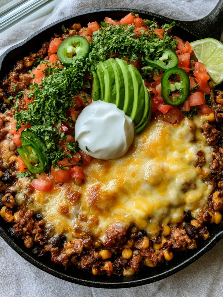Close-up of bubbly, slightly browned Mexican cheese melting over turkey taco meat and black beans. (Ground Turkey Taco Skillet)