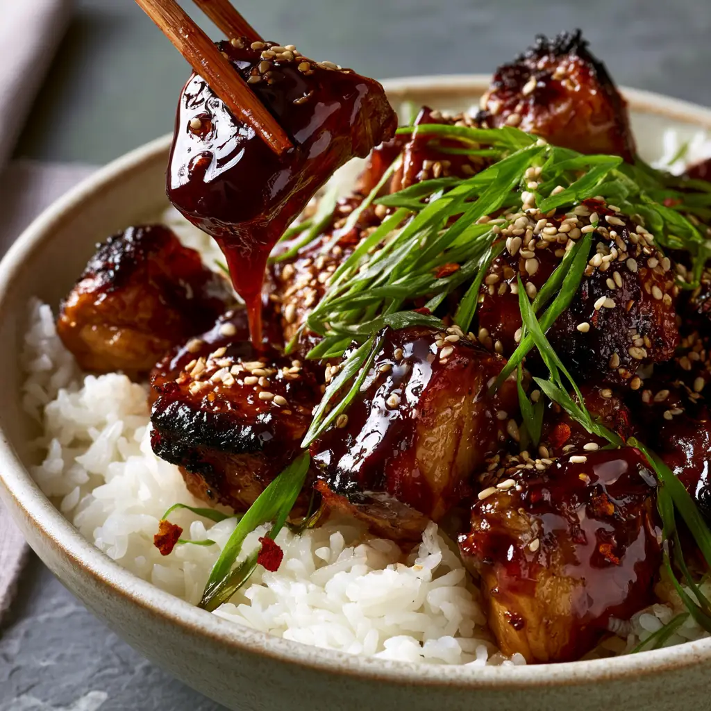 Teriyaki Chicken with Thick Mahogany Glaze and Fluffy Jasmine Rice 1 Close-up of a wooden chopstick lifting a piece of seared chicken thigh dripping with thick mahogany teriyaki sauce.