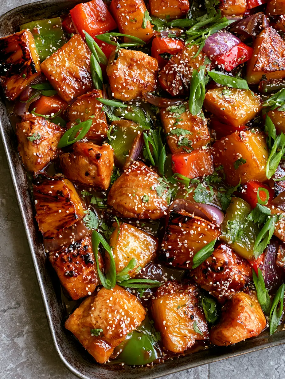 Pineapple Chicken Teriyaki: The Ultimate Glossy Sheet Pan Dinner 4 Close-up of seared chicken breast chunks and vibrant peppers in a dark amber glaze. (pineapple chicken teriyaki)