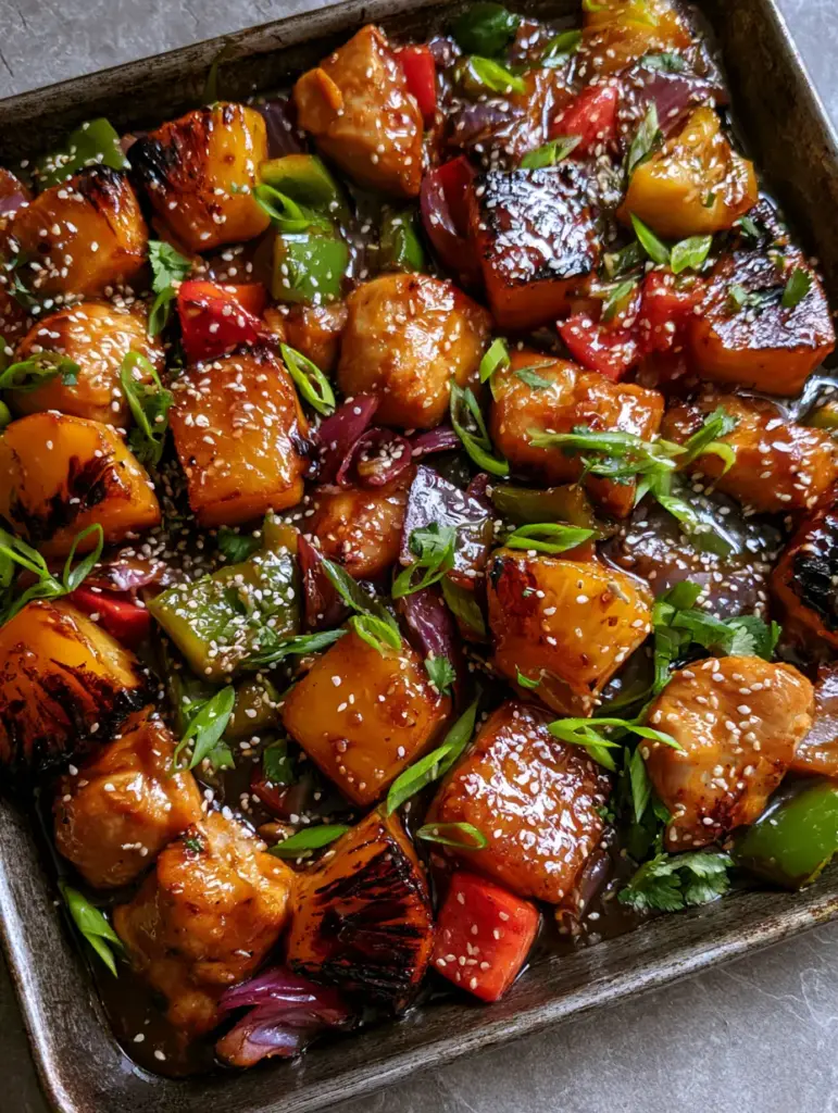 Pineapple Chicken Teriyaki: The Ultimate Glossy Sheet Pan Dinner 1 Detailed view of charred pineapple chunks and softened red onion petals in pineapple chicken teriyaki.