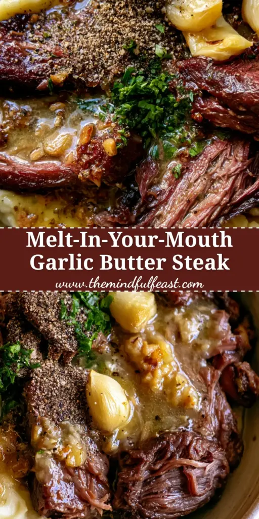 A rustic ceramic bowl featuring slow-cooked bottom round steak slices over velvety mashed potatoes with garlic butter. (bottom round steak recipes)
