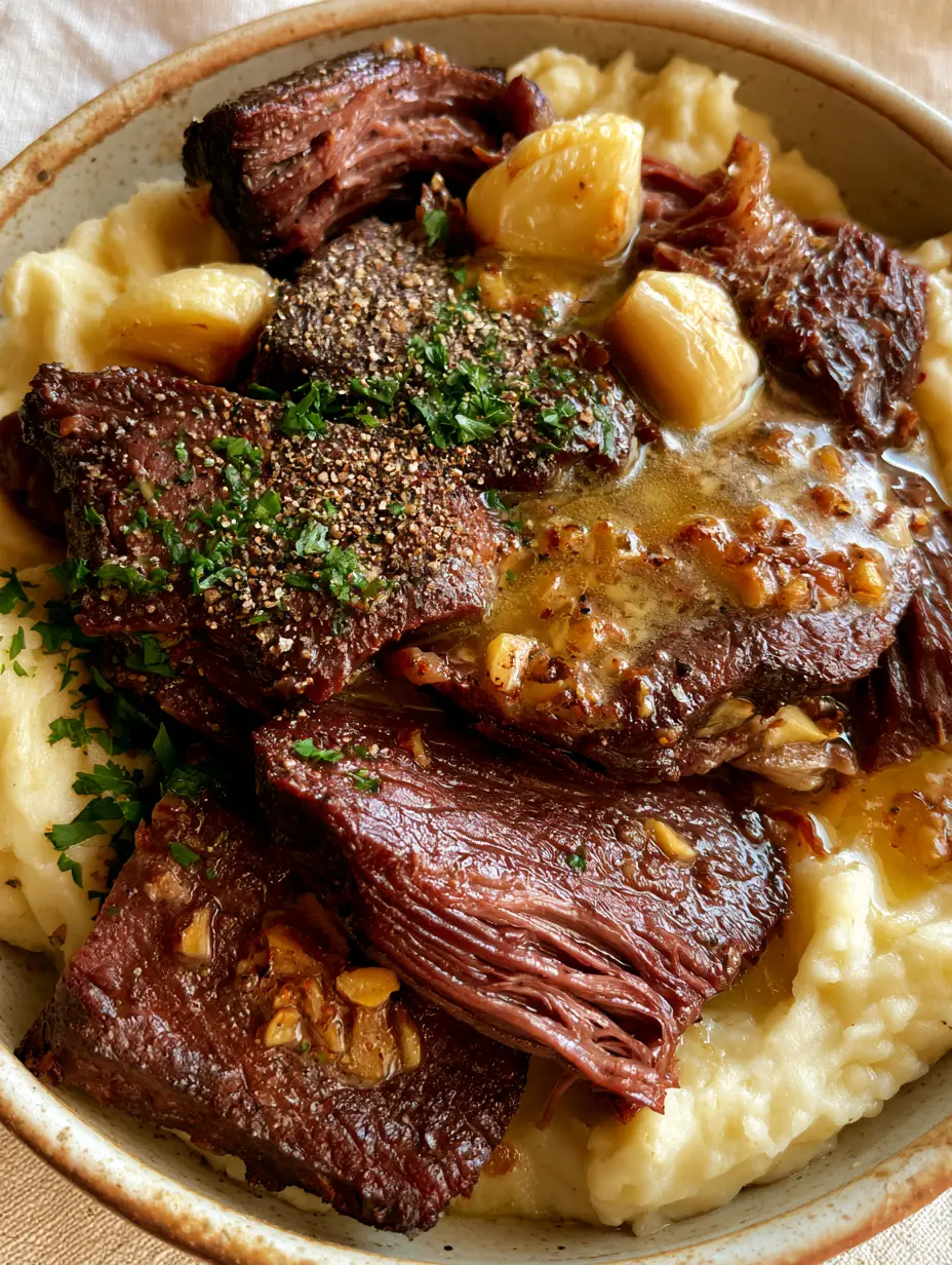 Close-up shot of mahogany seared beef slices pulling apart with a fork. (bottom round steak recipes)