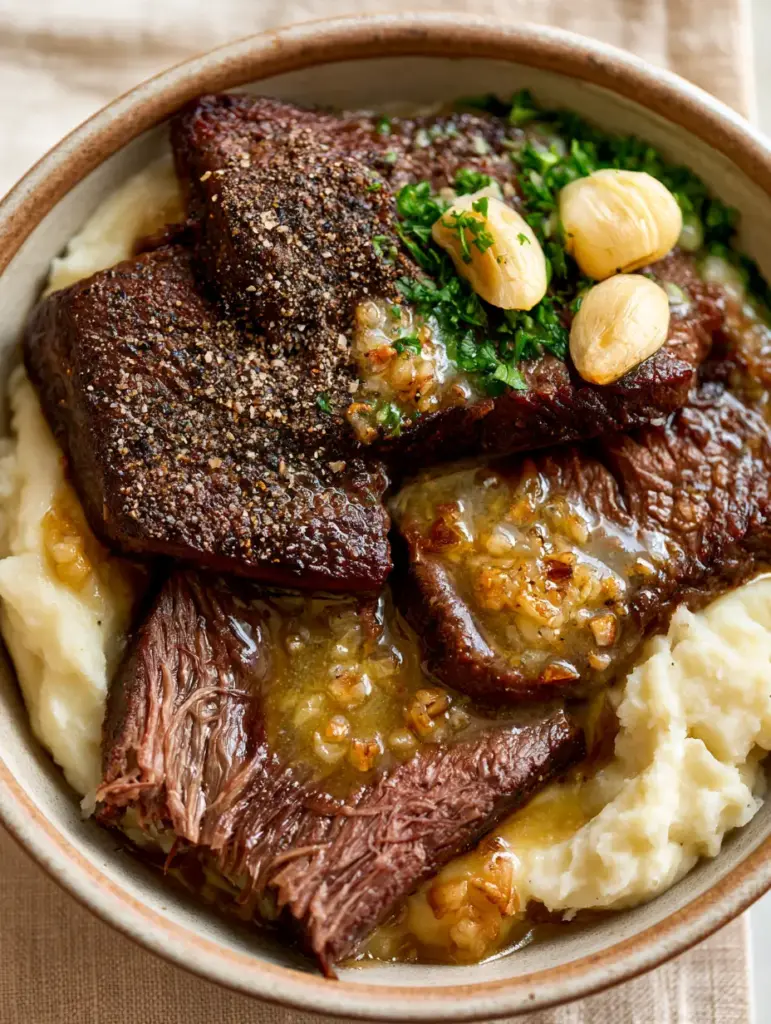 Velvety mashed potatoes topped with steak and a glistening golden garlic butter sauce.