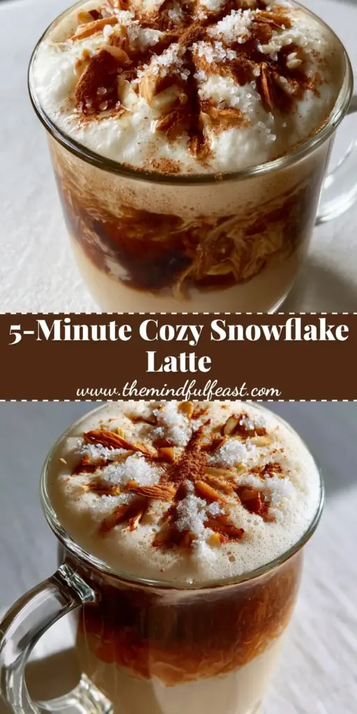 A clear glass mug featuring a Vanilla Almond Snowflake Latte with swirling espresso, white almond milk froth, toasted almonds, and a cinnamon snowflake dusting on a white linen tablecloth.