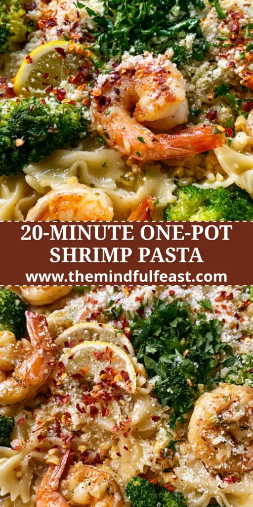 Farfalle Pasta with Shrimp and Broccoli in a Glossy Lemon Garlic Butter Sauce 4 Overhead view of a ceramic skillet filled with farfalle pasta with shrimp and broccoli, topped with parmesan and lemon slices.