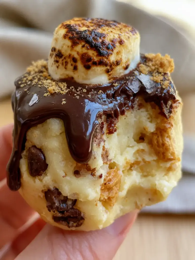 Close-up of No Bake S’mores Cookie Dough Bites arranged on a light wooden table with natural soft lighting.