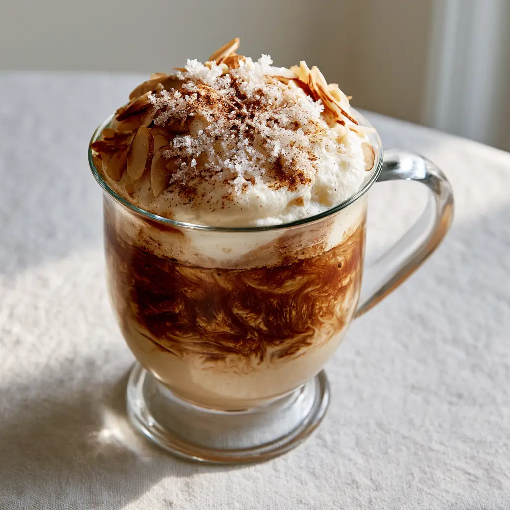 Side view of a Vanilla Almond Snowflake Latte in a clear mug showing the rich espresso and almond milk swirl topped with thick snowy foam.