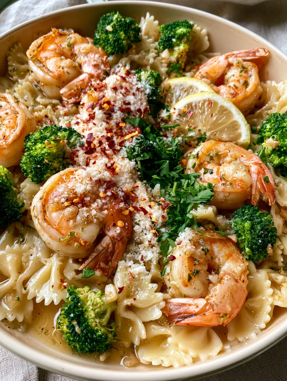 Farfalle Pasta with Shrimp and Broccoli in a Glossy Lemon Garlic Butter Sauce 3 A close-up overhead shot of glossy farfalle pasta with shrimp and broccoli in a white ceramic skillet with lemon slices.