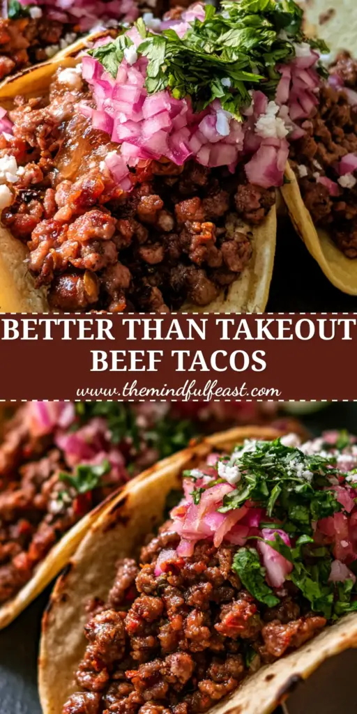 Beef Tacos with Charred Corn Tortillas and Glistening Seared Beef 4 Close-up of three gourmet beef tacos in a rack with glistening ground beef, cilantro, and cotija cheese. (beef tacos)