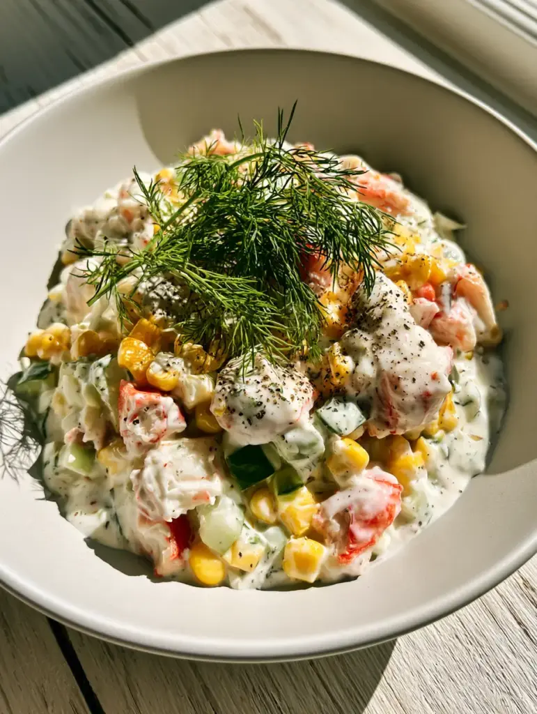 Russian Crab Salad: The Ultimate Gourmet Creamy Seafood Recipe 2 Top-down handheld photo of Russian crab salad with chunky pink imitation crab and feathery dill sprigs. (Russian crab salad)